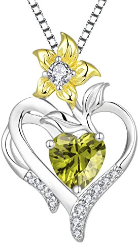 YL Herz Halskette 925 Sterling Silber Schliff August Geburtsstein Peridot Grüner Zirkonia Lily Flower Anhänger für Damen,Kette 45+3CM