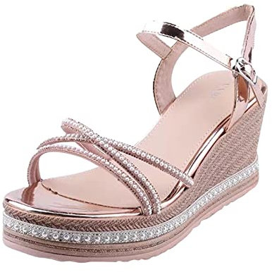 Women's Glitter Rhinestone Open Toe Platform Wedges Sandals Ankle Strap Shinny Crystal Wedding Dress Shoes,Wedge Heel Platform Sandals for Women 4.5 03_Rose Gold