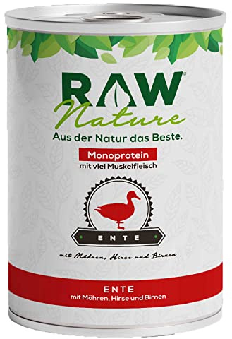 RAW Nature Ente Pur Hunde-Nassfutter – 400g, Hirse & Birne | Getreidefreies Alleinfuttermittel für Hunde mit Ente als Monoprotein, hohem Fleischanteil, Hirse und Birne.