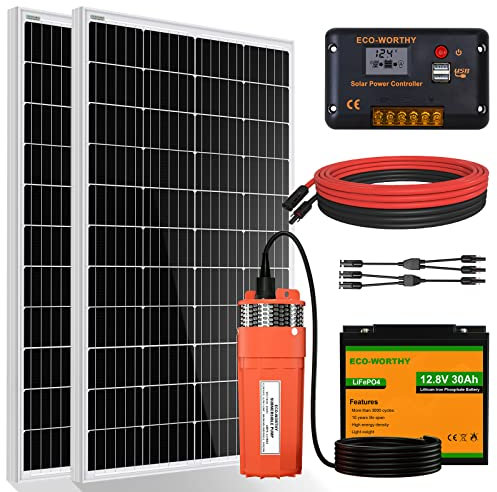 DCHOUSE Kit de pompes à eau solaire avec batterie de secours - Pompe à eau solaire 12 V + kit de panneau solaire 240 W + batterie 30 Ah pour puits, irrigation, réservoir d'eau de remplissage