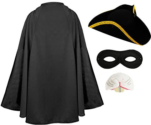 Childs Highwayman Rodent Costume - Black Cape, Black Tricorn Hat, Rat Nose and Black Eyemask - Kids World Book Day Fancy Dress Costume