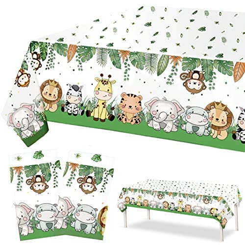 2 Stück Safari Dschungel Tischdecke, 274 x 137 cm Dschungel Tiere Tischdecke Wasserdicht, Dschungel Geburtstag Dekoration Rechteckig für Kindergeburtstag Party Babyparty deko Junge Mädchen