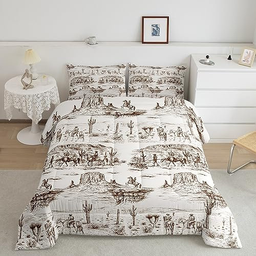 Castle Fairy Western-Cowboy-Bettwäsche-Set, Queen-Size-Größe, braune Skizze, Wüste, Wildpferd, Bettwäsche-Set, 3-teilig, für Kinder, Jungen, Männer, Mädchen, Schlafzimmer, Dekoration, rustikales