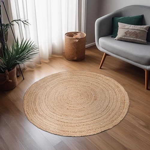 Hausattire Handgewebter Jute-Geflochtener Teppich, 91 cm, rund, natürlich, wendbar, Boho-Eingangsbereich, Teppiche für Küche, Wohnzimmer, Bauernhaus, dekorativer Bodenteppich, 90 cm rund