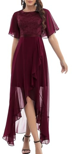 Gardenwed Robe de Mariage Bal Promo Cocktail Robe de Soirée Femme Longue Asymétrique pour Fête Demoiselle d'honneur en Mousseline avec Manches Fluides Burgundy S
