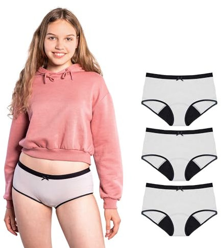 SELENACARE Teenager Periodenunterwäsche Hipster (3er Multipack) - Menstruationsunterwäsche für Teens, waschbar, 100% vegan, nachhaltig, 20ml Absorption, Grau, Größe 158