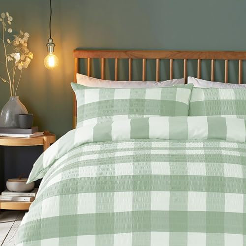 Fusion - Housse de Couette en Seersucker à Carreaux Verts – Lit Simple (140 x 200 cm) – Design réversible (Rayures) – Doux au Toucher – Parure de lit Effet plissée – Parure de lit en Flanelle/Vichy