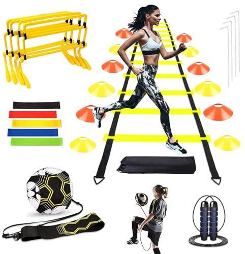 Aisny Accesorios de Entrenamiento de Fútbol, con Escalera de Coordinación de 6m 12 Conos 4 Vallas Entrenador deFútbol Cuerda para Saltar Bandas de Resistencia Regalos de Fútbol para Niños
