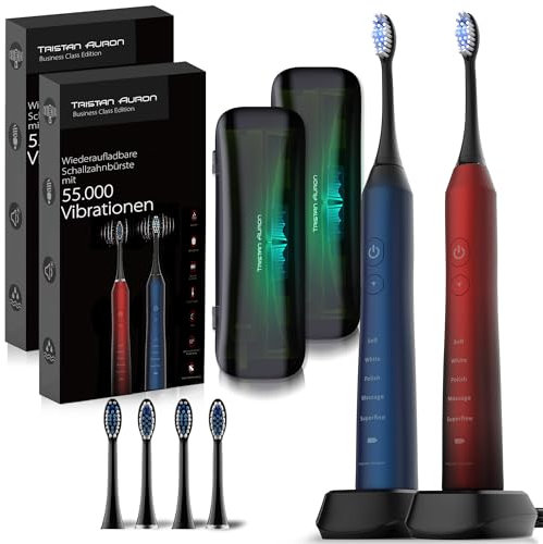 Tristan Auron Schallzahnbürsten Doppelpack - Elektrische Zahnbürsten mit UV-Sterilisation & 2 Bürstenköpfen – 5 Modi, 60 Tage Akku – hygienisch, kompakt, ideal für Paare (rot/blau)