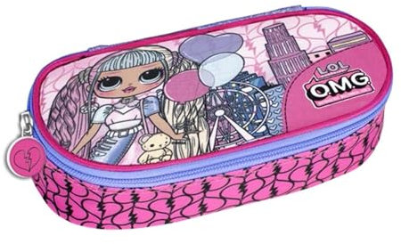 PRESTIGE & DELUXE Federmäppchen mit Reißverschluss Lol O.M.G, oval, rosa + Schlüsselanhänger mit Pailletten und Stift, mehrfarbig, mehrfarbig, piccolo, Klassisch
