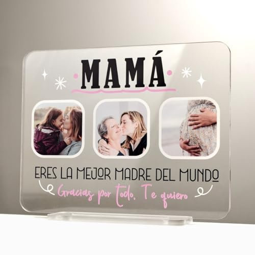 DEREGALOOS Placa Decorativa Personalizada con fotos Día de la Madre. Placa Metacrilato con Fotos para Mamá. Marco de Fotos Original. Regalo original para madres.