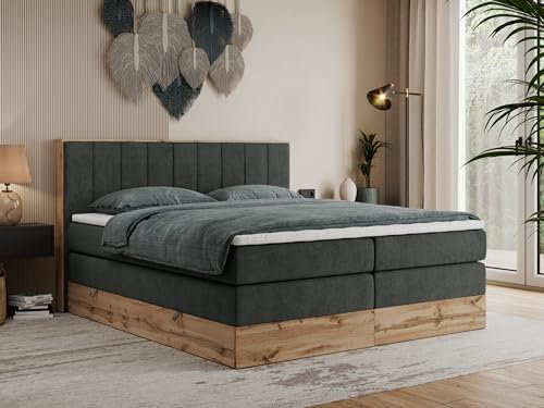 MKS MEBLE King Boxspringbett 180x200 mit Matratze H3, Bettkasten Eiche, Polsterbett 180x200 mit Rahmen in Wotan Eiche und Kopfteil - Dunkelgrau Struktur - Bellissimo King