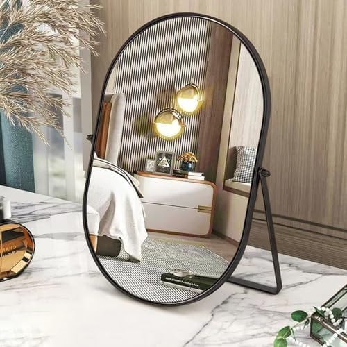 Miroir de Bureau Ovale - Miroir de Maquillage Simple Face avec Cadre en métal - Noir - Miroir de Maquillage pivotant pour vanité, Salon, Chambre à Coucher