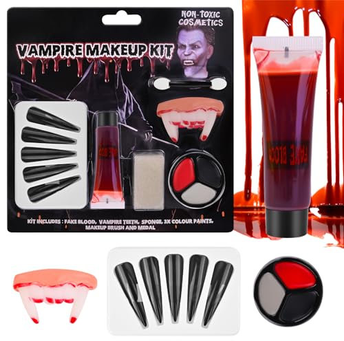 Halloween Gris Noir Rouge visage couleur corps peinture visage peinture visage+Faux ongles Halloween+Dentier de Dent de Vampire+ Fake Blood Lavable, Pour Halloween, Noël, Soirées à Thème, Pâques