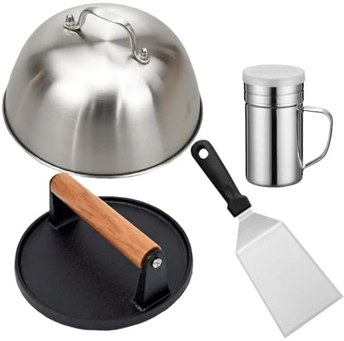 Burger Press Kit, 4 Pcs Smash Burger Kit with Burger Press, 16cm Cheese Melting Dome, Smash Burger Spatula, Squeeze Bottles, Cook Burgers Tools Cooking Utensils Set