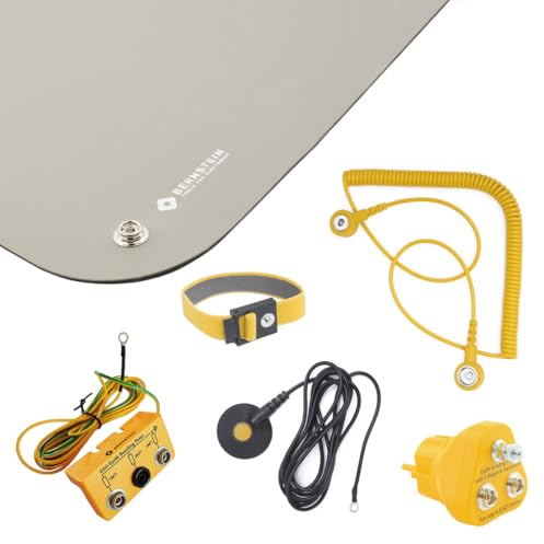 BERNSTEIN ESD Handling Set 6-tlg ESD Matte grau (900x610x2) Armband 2 Kabel 2 Erdungsstecker | Lötzinnfeste Arbeitsplatzauflage mit Profi Zubehör für Personenerdung