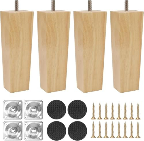 Qodiacl 4 Pièces Pied de Meuble Bois 12cm Pieds de Table en Bois Carré Massif Pieds de Canapé, Pieds de Lit, Pied de Table Basse en Bois, Pied Fauteuil