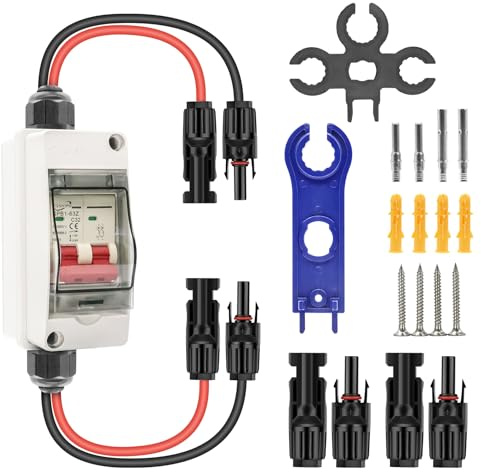 Interruttore DC per impianti fotovoltaici e solari, automatico a 2 pin, 32 A/500 V, cavo da 260 mm, alloggiamento impermeabile IP65