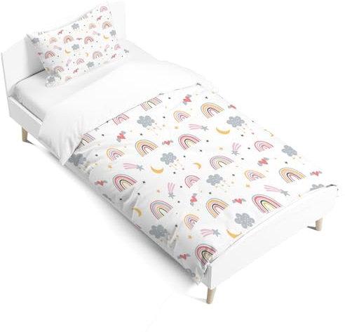 Bettwäsche Set Regenbogen für Kinder Mikrofaser Kinderbettwäsche Mit Regenbogen,Wolken, Sternen im Cartoon-Stil Bettbezug Mit Kopfkissenbezug 40x60cm für Jungen und Mädchen (Style B, 120 x 150cm)