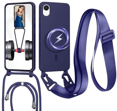FERLAN Handykette mit Band für iPhone XR Hülle, Lanyard (abnehmbar) Handyhülle Case mit justierbarer Schnur Abnehmbar Strap, Crossbody Schutzhülle zum Umhängen Kordel, Dunkelblau