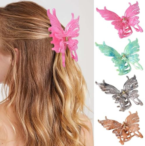 Große Schmetterling Haarspange,4 Stück Langer Schwanz Schmetterling Haar Clips,Marble Butterfly Haar Klammern,Haarspangen-Set für Mädchen oder Dame (Mehrfarbig)