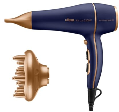 Ufesa Secador de Pelo Profesional Air Lux 2200W, Motor AC, Elimina el Encrespamiento, Incluye Difusor y Concentrador, 2 Velocidades, 3 Temperaturas, Golpe de Aire Frío, Azul/Dorado