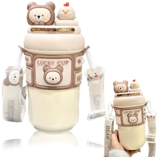 NIDONE Kawaii Water Bottle, 19Oz Stainless Steel Insulation Bottle With Straw & Adjustable Strap, Cute Rabbit Leak-Proof Water Bottles For Girls Sports Camping Travel(Begie), Kawaii