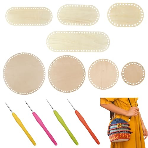 PLATEYTR Holzboden Häkelkorb Set – 8 Stück Holzboden Rund & Oval in 4 Größen + 4 Häkelnadeln – DIY Zubehör für Korb, Tasche, Aufbewahrung, Handarbeit für Damen & Herren – Naturfarben