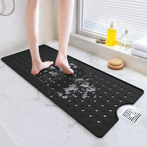 METEOROCK Tapis de Bain Antiderapant, 90 x 40 Cm Tapis Antidérapant Baignoire avec Trous de Drainage, Aspiration Plus Forte, Conception Douce pour Les Pieds, Noir