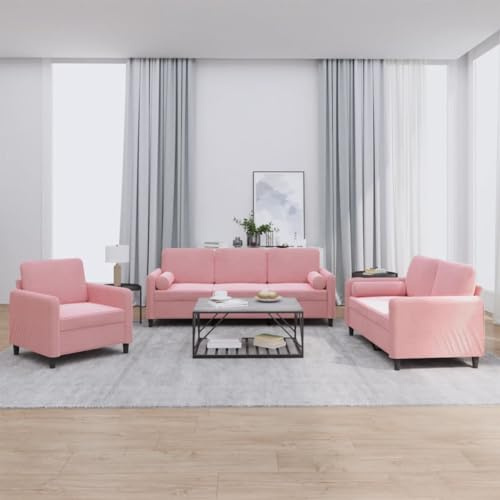 RMIHSJG 3-TLG. Sofagarnitur mit Kissen in Rosa Samt, Weiches Velours Sofa Set mit Robustem Gestell, Bequeme Polsterung und Praktische Rollkissen für Wohnzimmer, Sitzgruppe mit Hoher