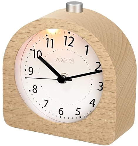 aboveClock Analog Wecker Ohne Ticken - Holz mit Snooze und Nachtlicht, Batteriebetrieben, Retro Tischuhr (1*AA-Batterie Benötigt) - Naturholz in Hellbraun