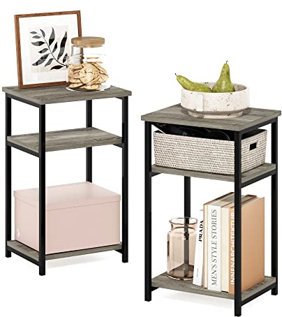 Furinno JUST Beistelltisch Set of 2, 3-stöckiger moderner Metallrahmen-Beistelltisch mit offenem Regal, Nachttisch, einfache Montage,für Wohnzimmer, Schlafzimmer, Graue Eiche
