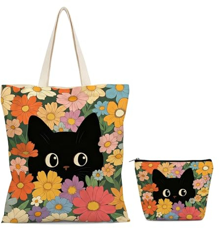 Tasche mit Katzenmotiv, 2 Stück Stoffbeutel Bedruckt 39*34cm und 21*15cm | Handtasche Katze mit Katzenmotiv, Strapazierfähiges Design, Ideal für Alltag, Einkäufe und Geschenke