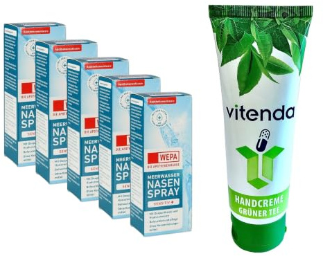 vitenda Set: Meerwasser Nasenspray sensitiv mit WEPA, befeuchtend bei trockener Nase mit Dexpanthenol & Hyaluron, 5x20ml – inkl. vitenda Handcreme
