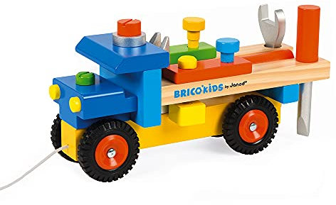 Janod - Brico'Kids Lastwagen zum Selberbauen, 2-in-1-Spielzeug zum Ziehen und für frühkindliches Lernen, 3 Werkzeuge enthalten, fördert motorische Fähigkeiten, ab 2 Jahren, J05022