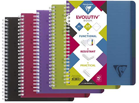 Clairefontaine 329156C - Spiralheft/Schulheft Linicolor Evolutiv'Book mit Doppelspirale, 4-fach gelocht, mikroperforiert, 22,5x29,7cm, 120 Blatt, 90g, liniert mit Kopfleiste, farbig sortiert, 1 Stück