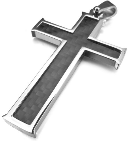 MunkiMix Edelstahl Kohlenstoff Carbon Fiber Kohlefaser Anhänger Halskette Silber Ton Schwarz Kruzifix Kreuz Herren,mit 58cm Kette