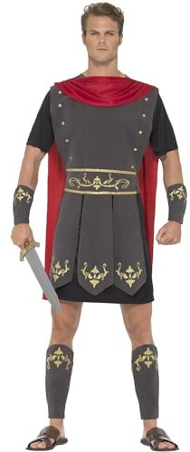 Smiffys Römischer Gladiator Kostüm, Schwarz, mit Tunika, befestigtem Umhang, Arm- & Beinstulpen Halloween