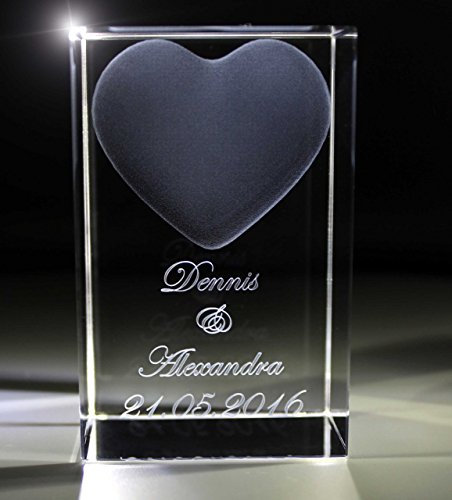 VIP-LASER 3D Glas Herz mit Wunschtext ohne LED Leuchtsockel & Gravur | Personalisiertes Geschenk graviert für Frauen und Männer | Geschenkidee zu Weihnachten, Valentinstag, Geburtstag, Jahrestag