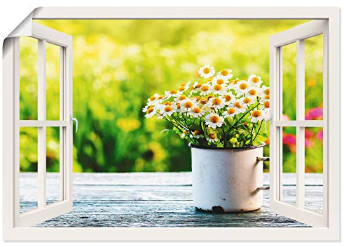 ARTLAND Wanddeko Poster & Kunstdrucke Wandposter Fensterblick Fenster Botanik Blumen Gänseblümchen Garten Frühling T4UG