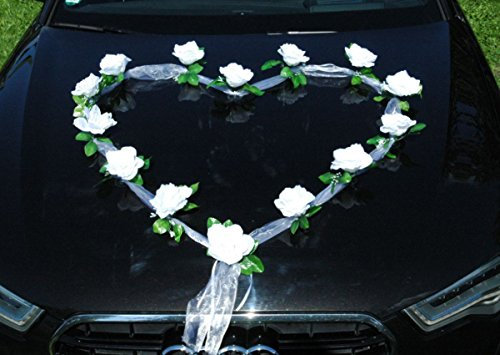 Organza Herz Auto Schmuck Braut Paar Rose Deko Dekoration Autoschmuck Hochzeit Car Auto Wedding Deko Girlande PKW (Reinweiß/Weiß)