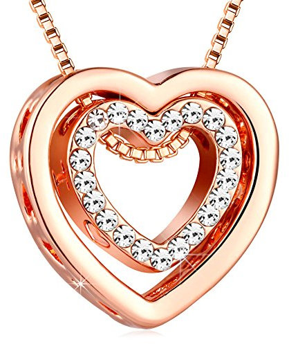 murtoo Heart Necklace for Women Rose Gold Double Heart Pendant Necklace with Crystals Decorated I Love U Engraved Rose Gold