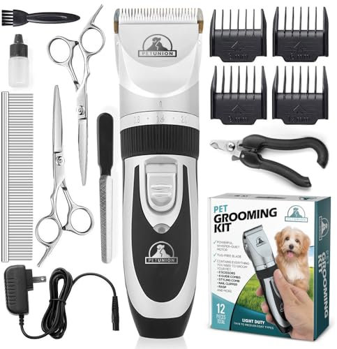 Pet Union Professional Dog Grooming Kit - Rechargeable, Cordless Pet Grooming Clippers & Complete Set of Dog Grooming Tools. Low Noise & Suitable for Dogs, Cats and Other Pets (Stainless Steel)
