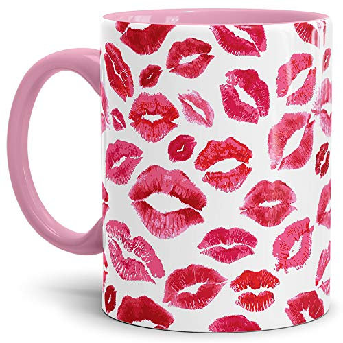 Tasse Kussmund Rote Lippen Kiss - Kaffeetasse Innen und Henkel Rosa/Mug/Cup - Qualität Made in Germany