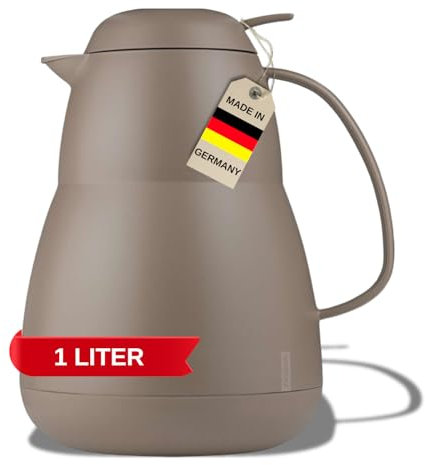 Helios Zeo Thermoskanne-6h Hält Getränke heiß & kalt-Einhandbedienung mit Drucktaste-Einfache Reinigung, Kunststoff, Warm Grey, 1L