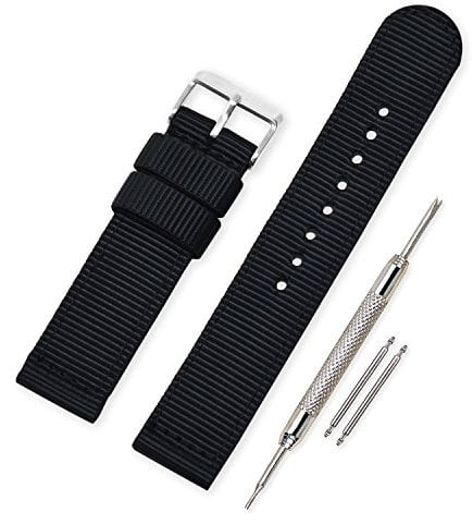 VINBAND Unisex Militär Nylon Uhrenarmband mit Edelstahl Silberne Schnalle 20mm Schwarz