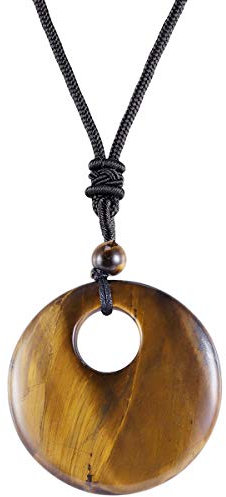 KYEYGWO Protection Ronde Donut Pendentif Collier pour Femmes et Hommes, Unisexe Collier en Pierre de Guérison avec Corde Réglable 18-28, Oeil de Tigre