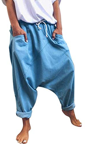 ORANDESIGNE Damen Haremshose Aladinhose Yoga Pumphose Baggy Ballon Jogginghose Hippie Hose Sommerhosen Bequem Loose Einfarbig Freizeithose Mit Kordelzug Blau X-Large