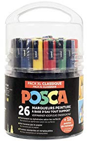 POSCA Uni Mitsubishi Pencil – Spezialbehälter für kreative Hobbys – Pack XL – 26 Marker, 2 Spitzengrößen PC3M und PC5M – 12 Ersatzspitzen enthalten – klassische Farben