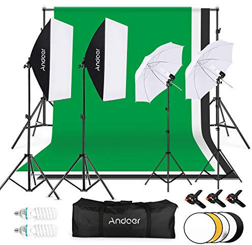 Andoer Photo Studio Lighting Kit, 1.8mx 2.8m/6x 9ft Background Support System, 3 Color Backdrop Fabric 135W 5500K Umbrellas Softbox kits 5in1 Reflector for Photo Studio,Portrait,Video Shooting